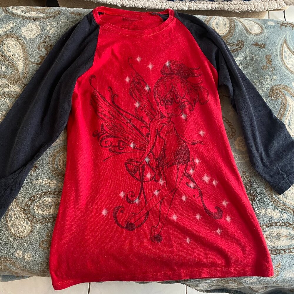 Disney Tinkerbell Women's Red Black Twinkle Baseball Shirt Size‎ Medium L3